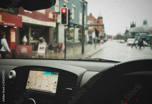 Satnav Navigation GPS Threw City Scape Stopped at Traffic Lights