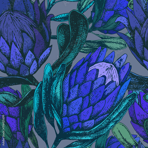 Vector illustration of a seamless pattern with large blue buds of a protea flower. Large decorative flowers on a dark background. Textiles, wallpaper, fabric, decoration of the bedroom and living room