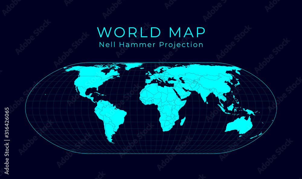 Map of The World. Nell-Hammer projection. Futuristic Infographic world illustration. Bright cyan colors on dark background. Cool vector illustration. Map of The World. Nell-Hammer projection. Futuristic Infographic world illustration. Bright cyan colors on dark background. Cool vector illustration.