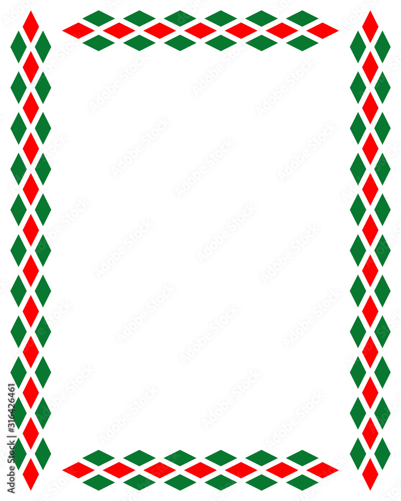 Decorative art Italian frame pattern of green and red rhombus shapes harlequin diamonds. Decorative art Italian frame pattern of green and red rhombus shapes harlequin diamonds.