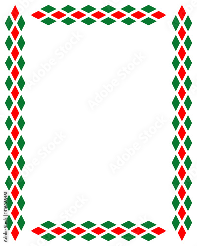 Decorative art Italian frame pattern of green and red rhombus shapes harlequin diamonds.