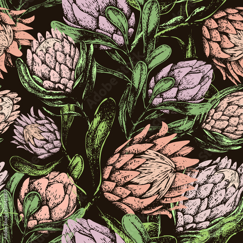 Vector illustration of a seamless pattern with large pink buds of a protea flower. Large decorative flowers on a dark background. Textiles, wallpaper, fabric, decoration of the bedroom and living room