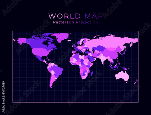World Map. Patterson cylindrical projection. Digital world illustration. Bright pink neon colors on dark background. Modern vector illustration.