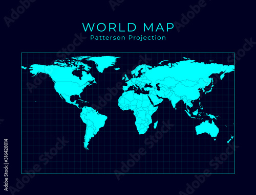 Map of The World. Patterson cylindrical projection. Futuristic Infographic world illustration. Bright cyan colors on dark background. Modern vector illustration.