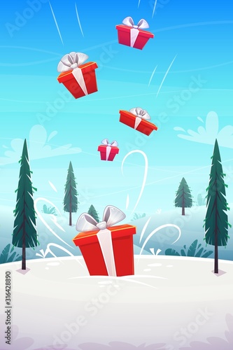 red boxes gifts pour in fall from the sky b background winter snow glade with fly clouds lue sky and fir trees , cartoon style vector illustration