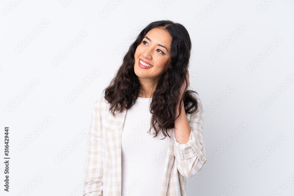 Mixed race woman over isolated white background thinking an idea Mixed race woman over isolated white background thinking an idea