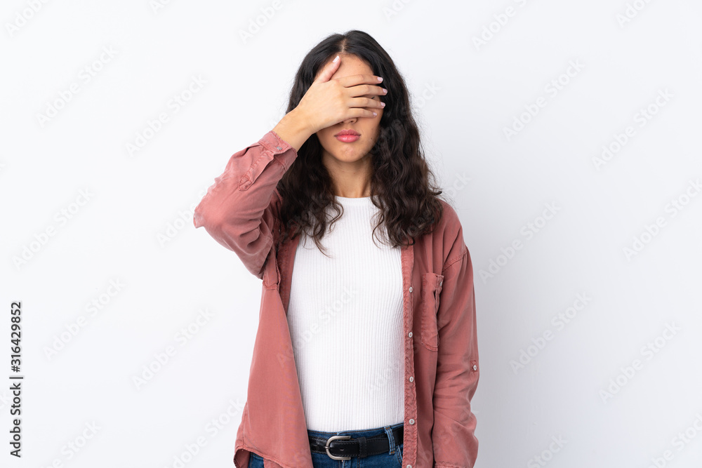 Spanish Chinese woman over isolated white background covering eyes by hands Spanish Chinese woman over isolated white background covering eyes by hands