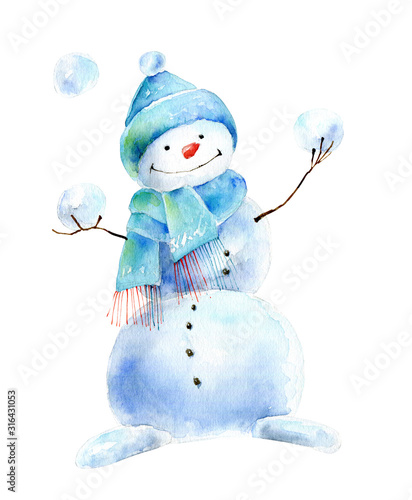 Snowman in hat and scarf plays snowballs