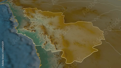 Al Madinah, region with its capital, zoomed and extruded on the relief map of Saudi Arabia in the conformal Stereographic projection. Animation 3D photo