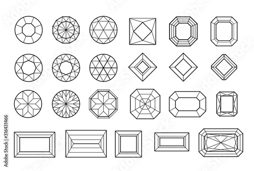 Vector set of diamond design elements. Crystal forms. Geometric shapes of precious stones.