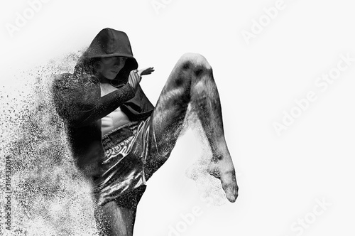 Thai boxer in the ring hits with a knee. The concept of sports, gyms, boxing clubs.