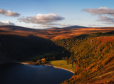 Spectacular view of Luggala valley, Lough Tay and Wicklow mountains in sunset tones, Ireland