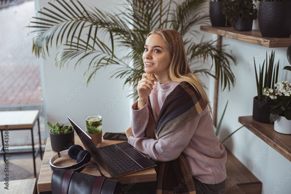 Young cheerful lady outdoors and indoors Young cheerful lady outdoors and indoors