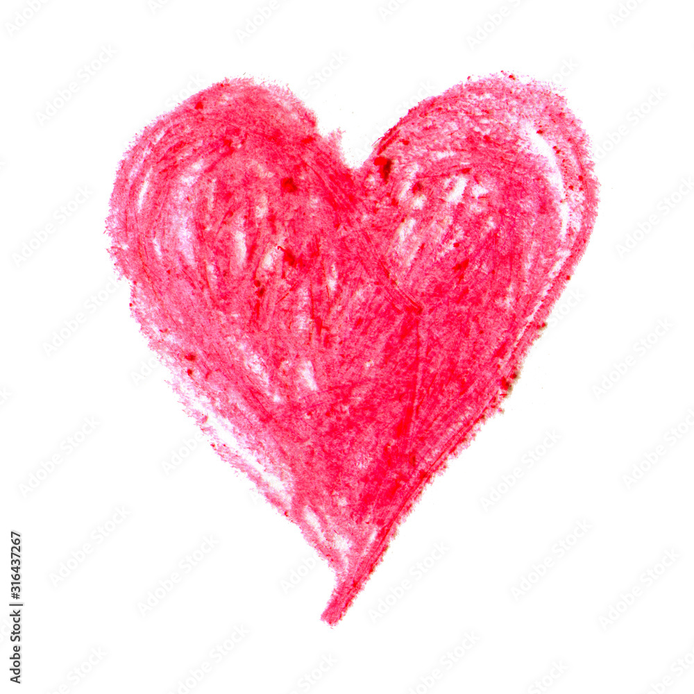 Red heart hand drawn with colored pencils on paper. Grunge heart. Valentine's day. For holiday, postcard, poster, carnival, banner, birthday and children's illustration. 