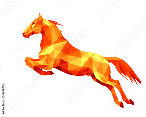 jumping horse, vector-isolated amber image on white background in low poly style