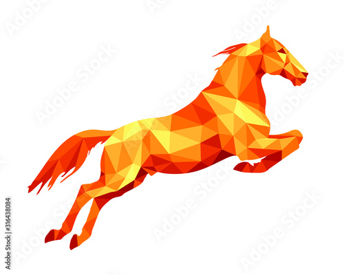 jumping horse, vector-isolated amber image on white background in low poly style