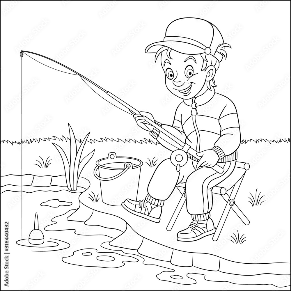 coloring page with boy fishing Stock Vector