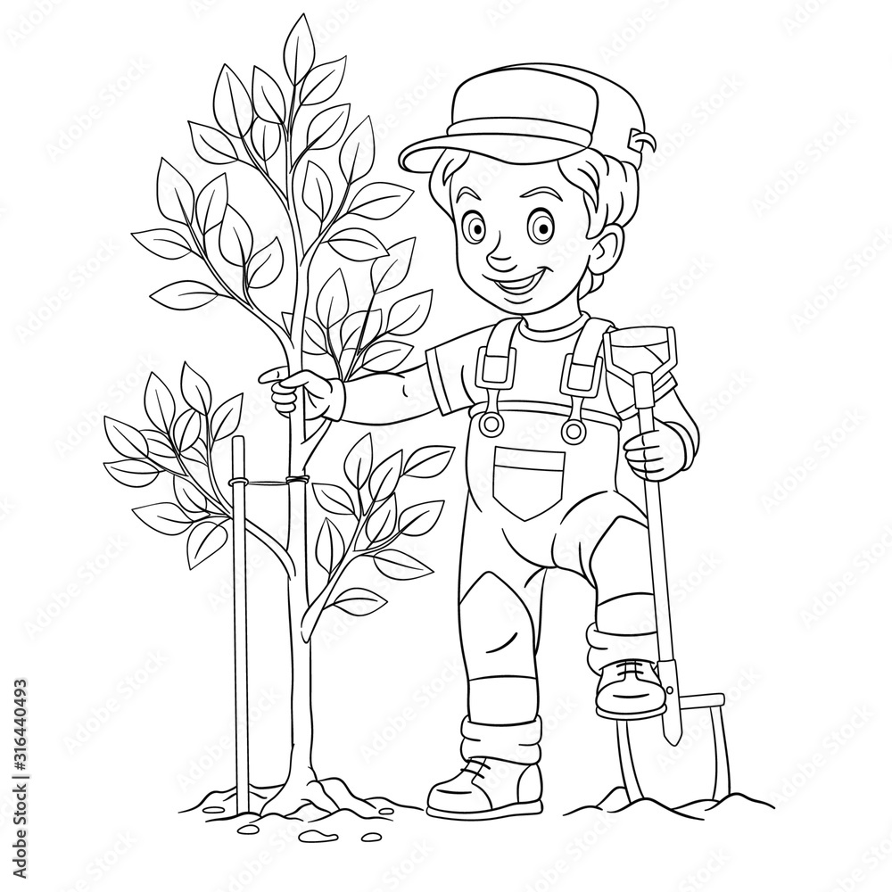 Naklejka coloring page with farmer boy planting a tree