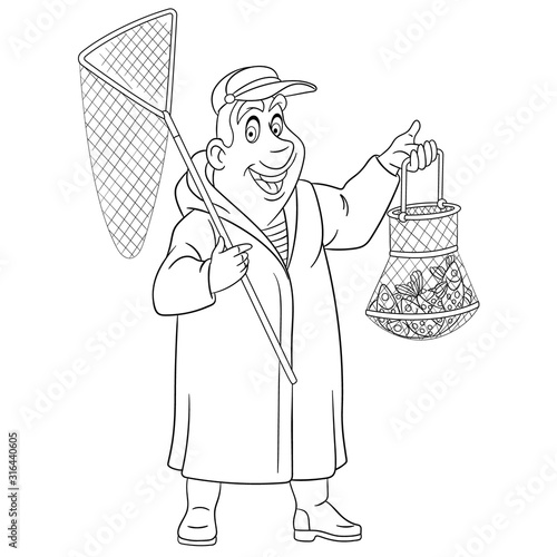 coloring page with fisherman and catched fish