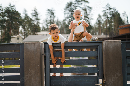 Young mother playing and having fun with her baby boy son brothers in a green garden with cars - Family values warm color summer scene - Eastern European Latvia Riga
