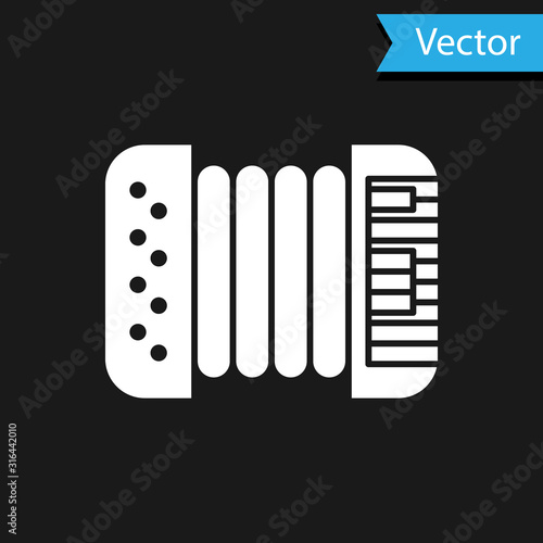 White Musical instrument accordion icon isolated on black background. Classical bayan, harmonic. Vector Illustration