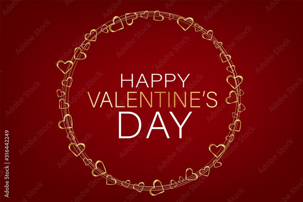 Valentines Day banner background. Love wallpaper design concept with golden hearts circular garland. Advertisement sale offer promo. Vector illustration.