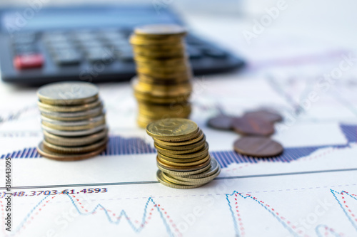 Columns of coins with calculator behind on a chart background. Finance content.