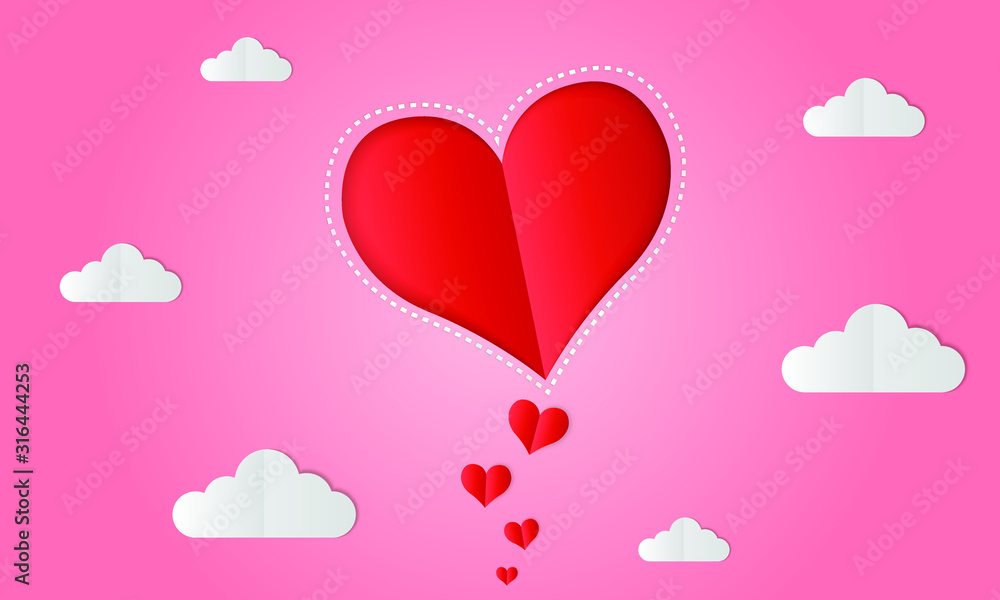 Red paper heart floating with clouds on pink background