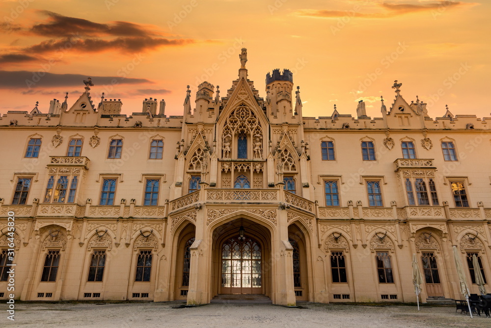Neo Gothic castle Lednice with beautiful sky, South Moravian region, Czech republic, Europe.