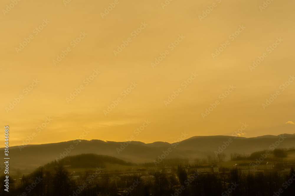 Majestic sunset in the mountains landscape. Dramatic sky. Sunny morning in mountain. Beautiful landscape composition. Majestic sunset in the mountains landscape. Dramatic sky. Sunny morning in mountain. Beautiful landscape composition.