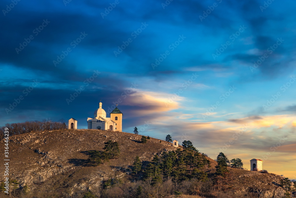 Beautiful and famous St. Sebastian's chapel (svaty kopecek), Mikulov city, South Moravian region. Czech Republic.