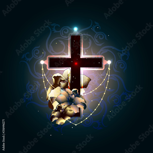 Vector illustration concept of the end of life death. Candles are burning and flowers are lying by the candles. Christian religion rite.