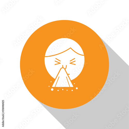 White Man holding handkerchief or napkin to his runny nose icon isolated on white background. Coryza desease symptoms. Orange circle button. Vector Illustration