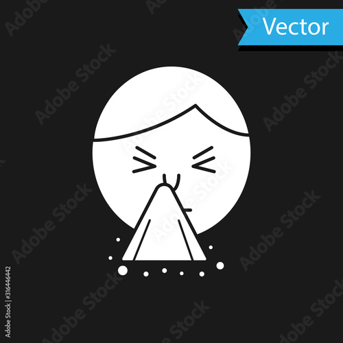 White Man holding handkerchief or napkin to his runny nose icon isolated on black background. Coryza desease symptoms. Vector Illustration