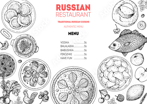 Russian cuisine top view frame. Food menu design elements. Traditional dishes. Russian food. Doodle collection. Vintage hand drawn sketch vector illustration. Menu background. Engraved style.
