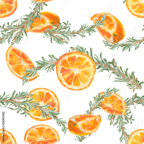 Fototapeta Naklejka Na Ścianę i Meble -  Watercolor pattern - oranges and rosemary branches. Orange fruits, green spice on a white background. A delicious drawing for decorating the kitchen, a funny print for t-shirts, dresses.