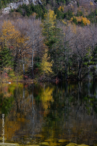 Autumn fall colors on he shore line of Echo lake in the White mountains of New Hampshire