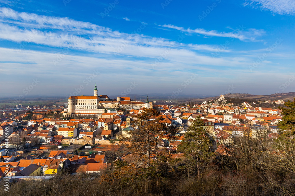 Panorama of the historical medieval city center with Mikulov castle (Mikulov Chateau) on top of rock. South Moravian region, Czech Republic.