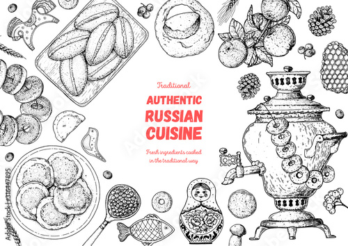 Russian cuisine top view frame. Food menu design elements. Traditional dishes. Russian food. Doodle collection. Vintage hand drawn sketch vector illustration. Menu background. Engraved style.
