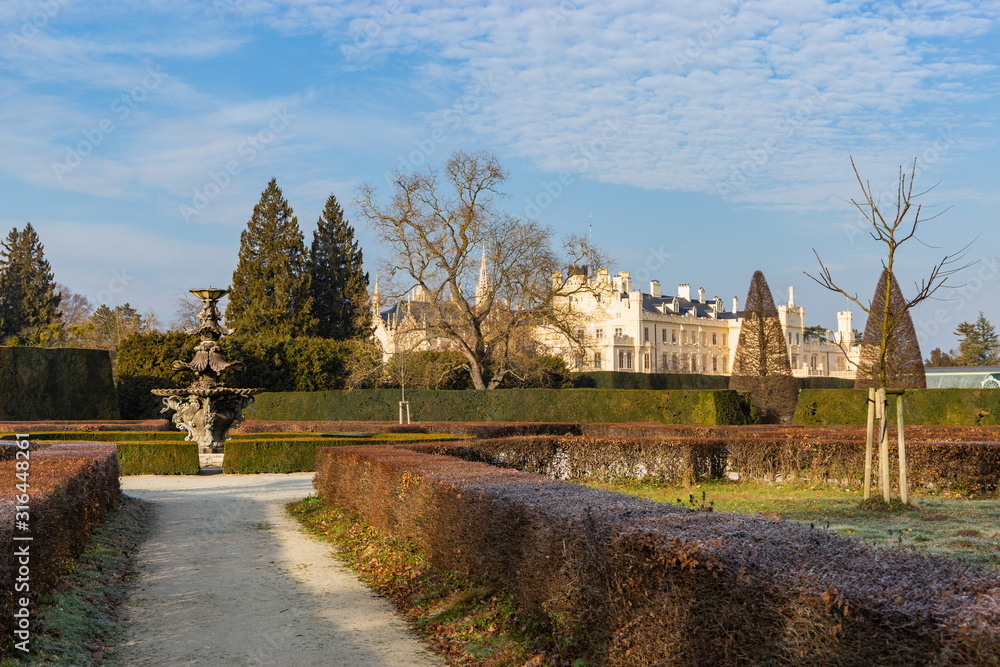 Garden and Lednice castle, South Moravian region, Czech republic, Europe.