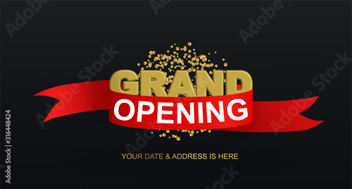 Grand opening invitation concept with gold letters and golden confetti on black background with red ribbon. Grand open banner, flyer, presentation card, poster design. Vector illustration