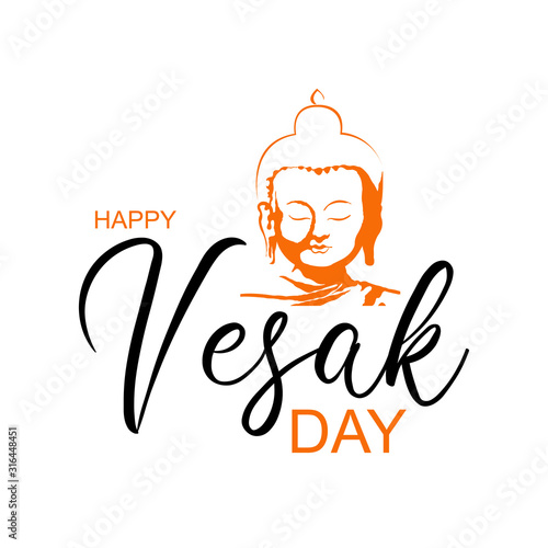 Happy Vesak day banner with hand drawn orange silhouette Buddha head on white background. Buddha birthday greeting card, banner, poster. Buddhism wesak holiday. Vector illustration