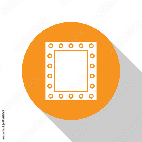 White Makeup mirror with lights icon isolated on white background. Orange circle button. Vector Illustration