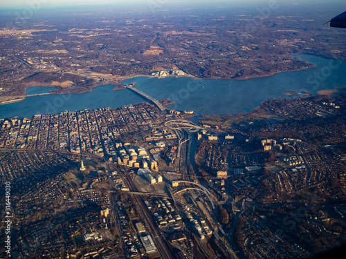 Aerial view of The Wilson Bridge over the Potomac River including Old Town Alexandria