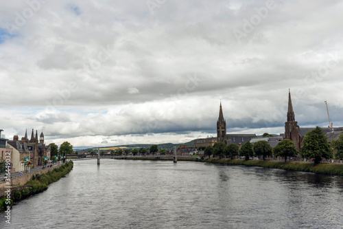 View along the River Ness to the City Centre of Inverness, Scotland