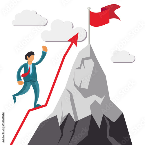 Businessman climbs to the top of the mountain. Business achievement. Ambition to achieve the goal. Vector.
