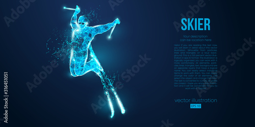 Abstract silhouette of a skier jumping from particles on blue background. All elements on a separate layers color can be changed to any other. Low poly neon wire outline geometric. Vector ski