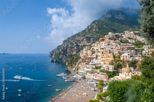 Positano view from hogh viewpoint. Old town and black sand beach. Amalfi coast, Italy. photo