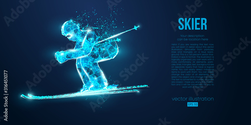 Fototapeta Naklejka Na Ścianę i Meble -  Abstract silhouette of a skier jumping from particles on blue background. All elements on a separate layers color can be changed to any other. Low poly neon wire outline geometric. Vector ski