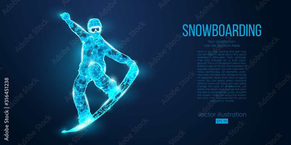 Abstract silhouette of a snowboarder jumping from particles on blue background. All elements on a separate layers color can be changed. Low poly neon wire outline geometric. Vector snowboarding